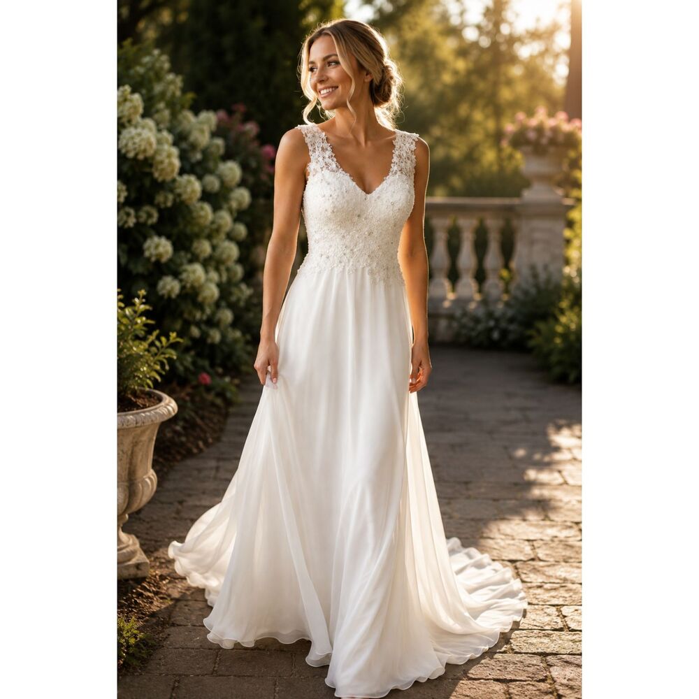 Chiffon Beaded Lace Wedding Dress Sleeveless Gown V-neck 14